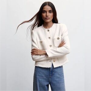 Mango Pocket Tweed Jacket White L